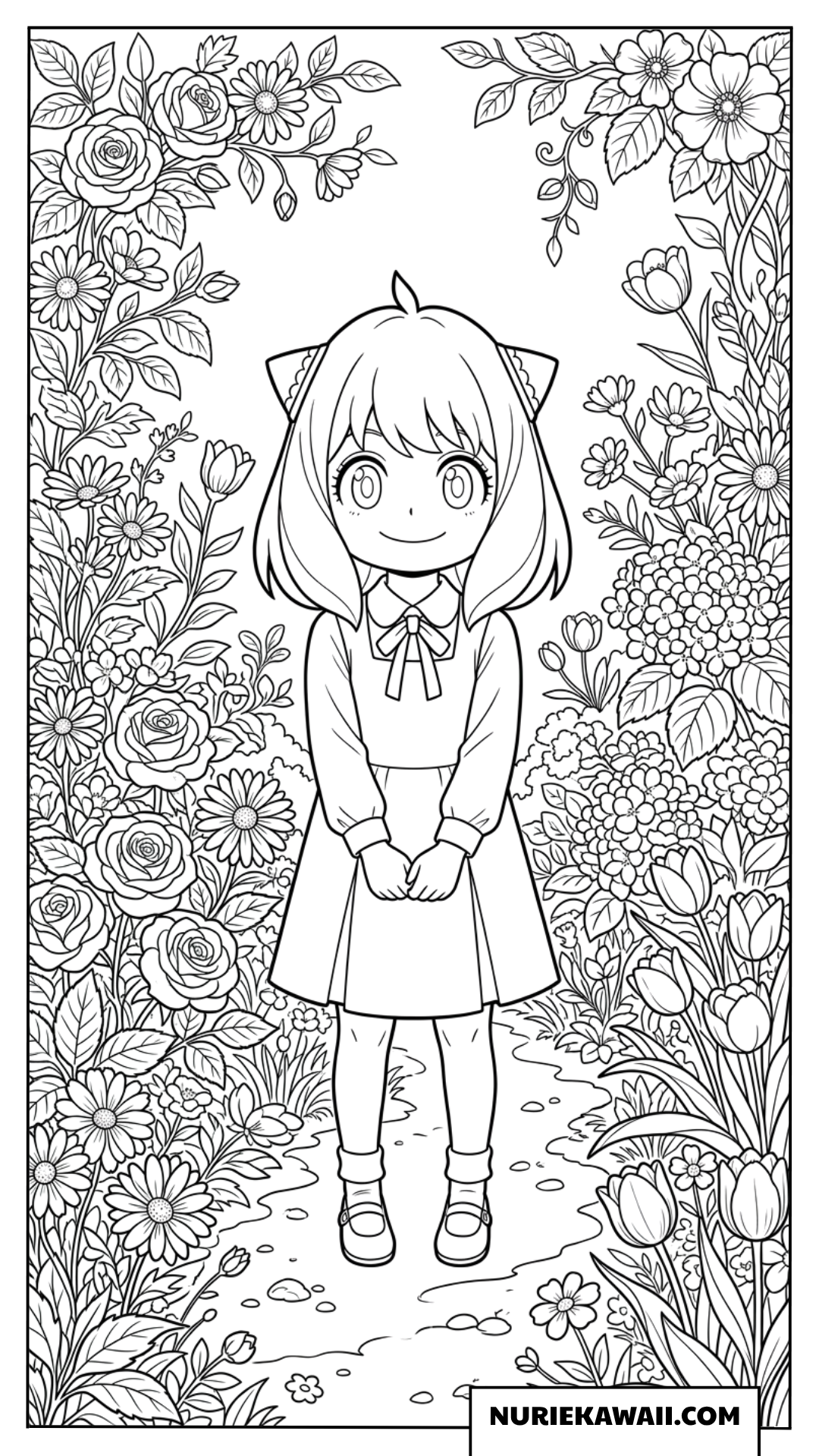 美しいバラや四季折々の花が咲き誇る庭園にたたずむアーニャの塗り絵