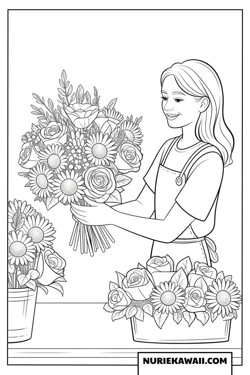 美しい花束をアレンジするお花屋さんのかわいい女の子の塗り絵