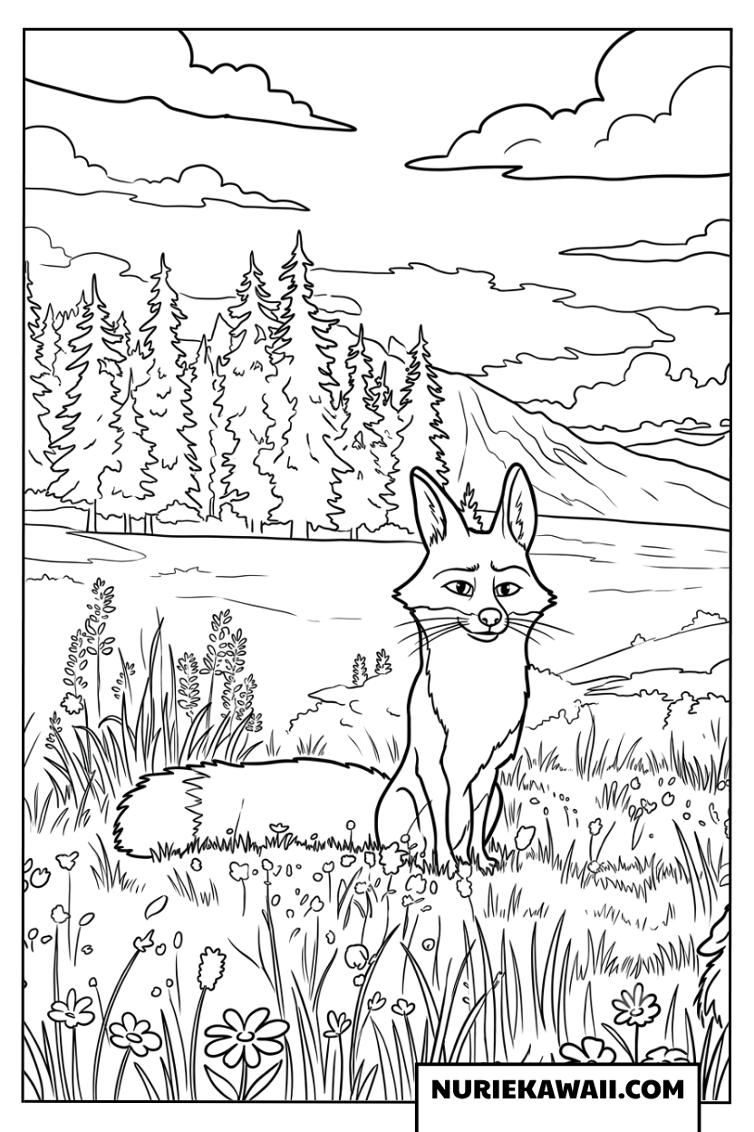 美しい花畑の中にたたずむ賢くてお茶目なキツネのフィンクの塗り絵