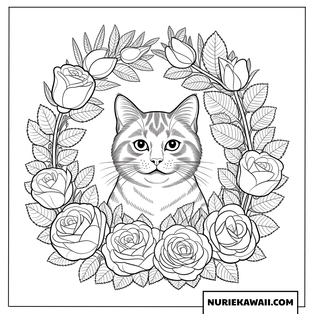 美しい薔薇のリースから顔をのぞかせる猫の塗り絵