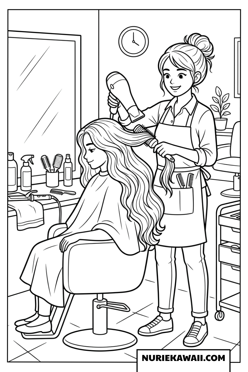 美容師さんがドライヤーで髪をセットするおしゃれな女の子塗り絵