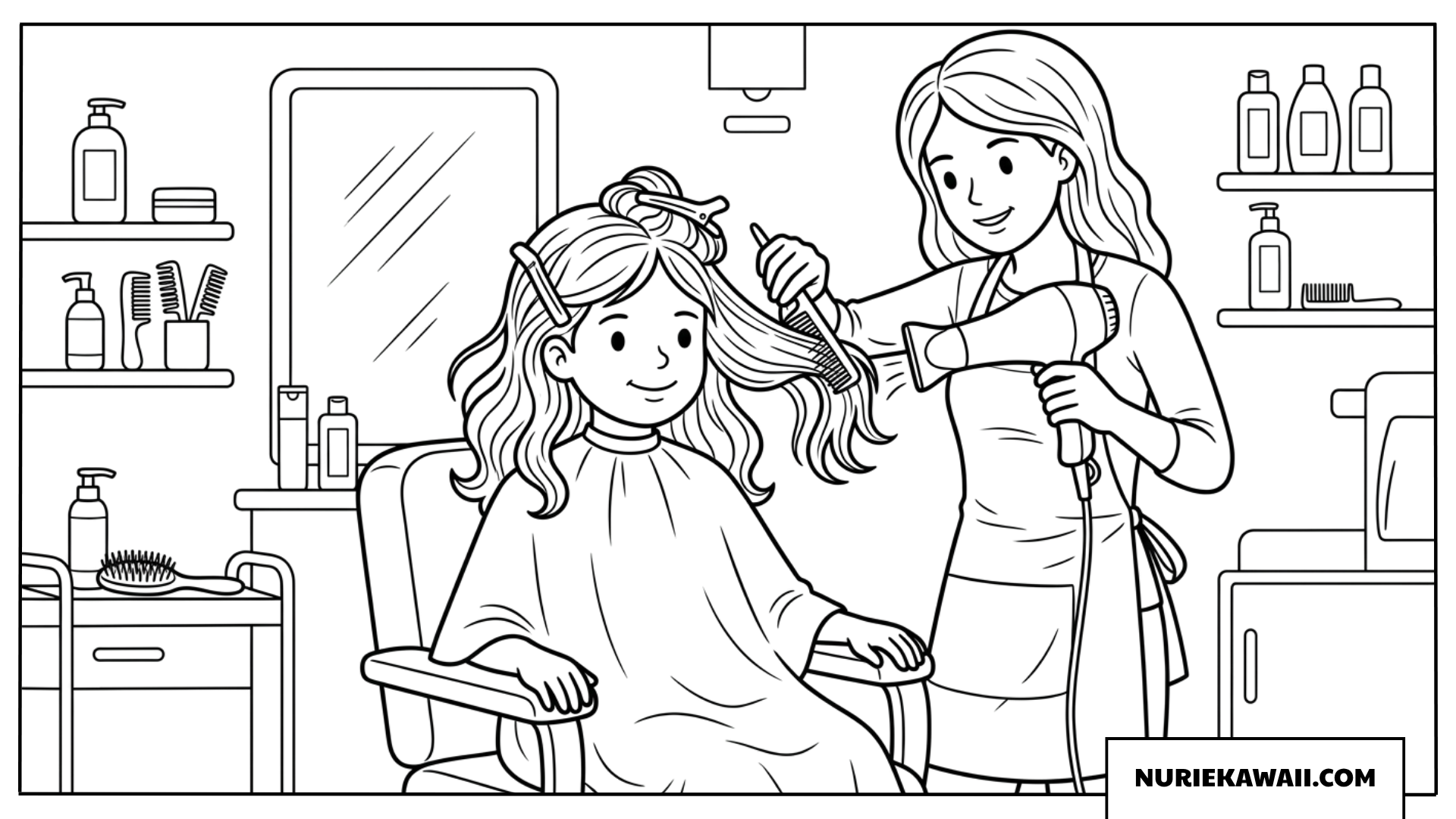 美容院でヘアスタイリングをしてもらう女の子の塗り絵
