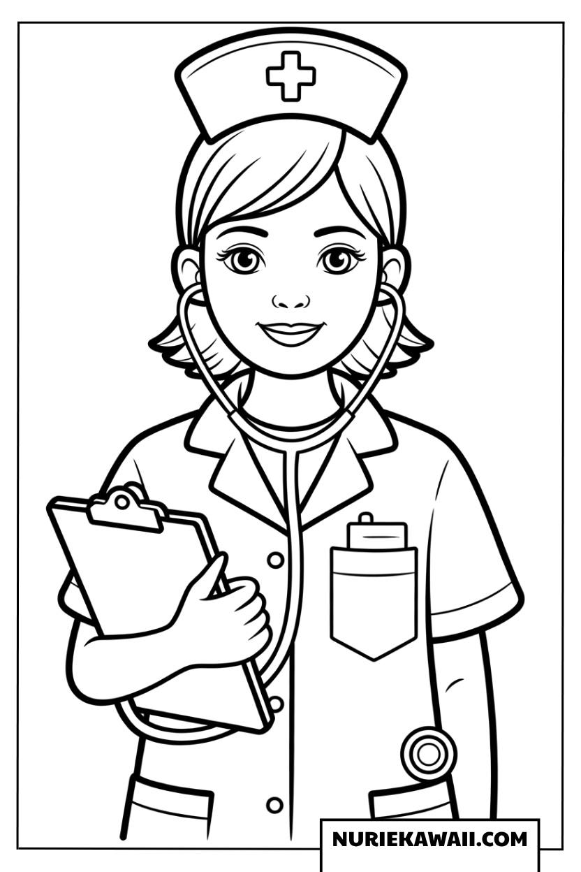 聴診器とカルテを持った優しくて親しみやすい看護師の塗り絵