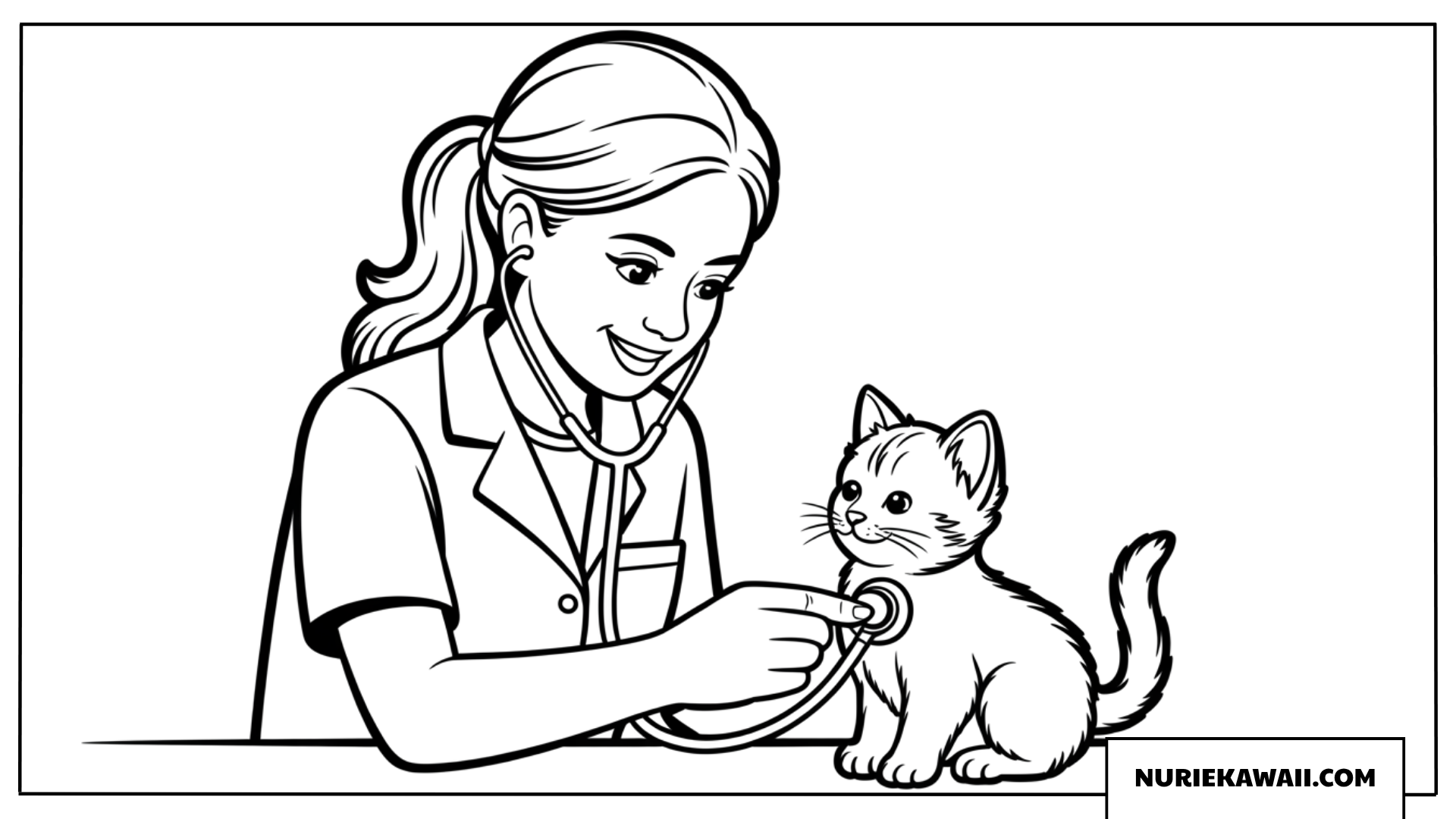 聴診器を使って可愛い子猫を診察する優しい獣医さん女の子塗り絵