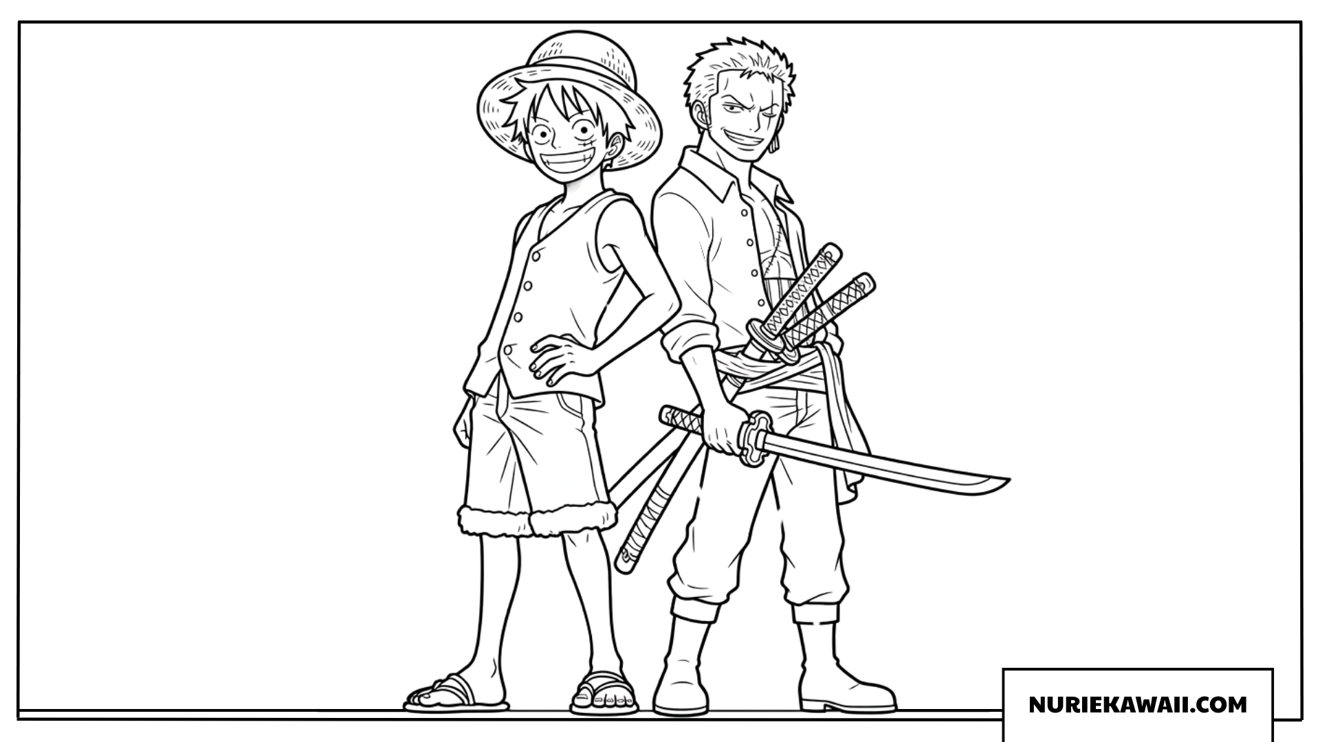 背中合わせでクールにポーズを決めるルフィとゾロの塗り絵
