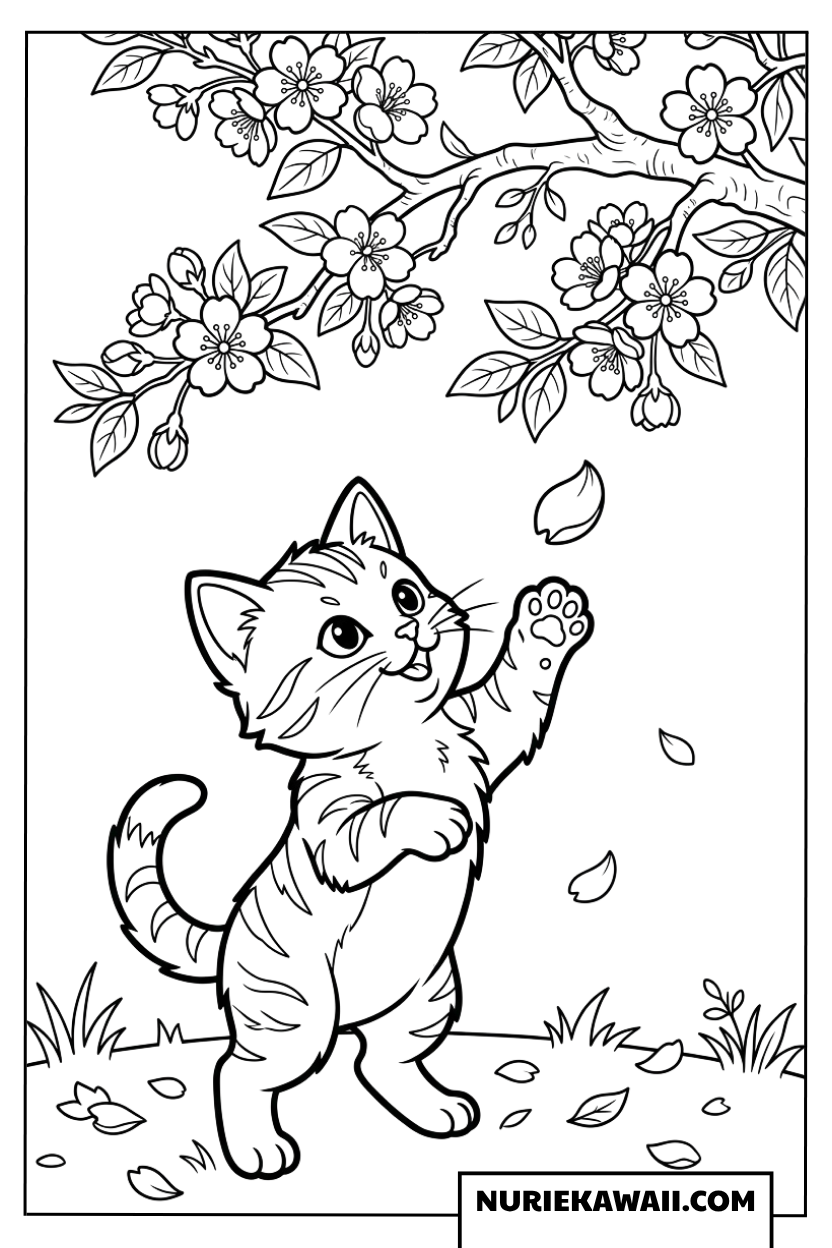 舞い散る桜と遊ぶ元気な子猫の塗り絵