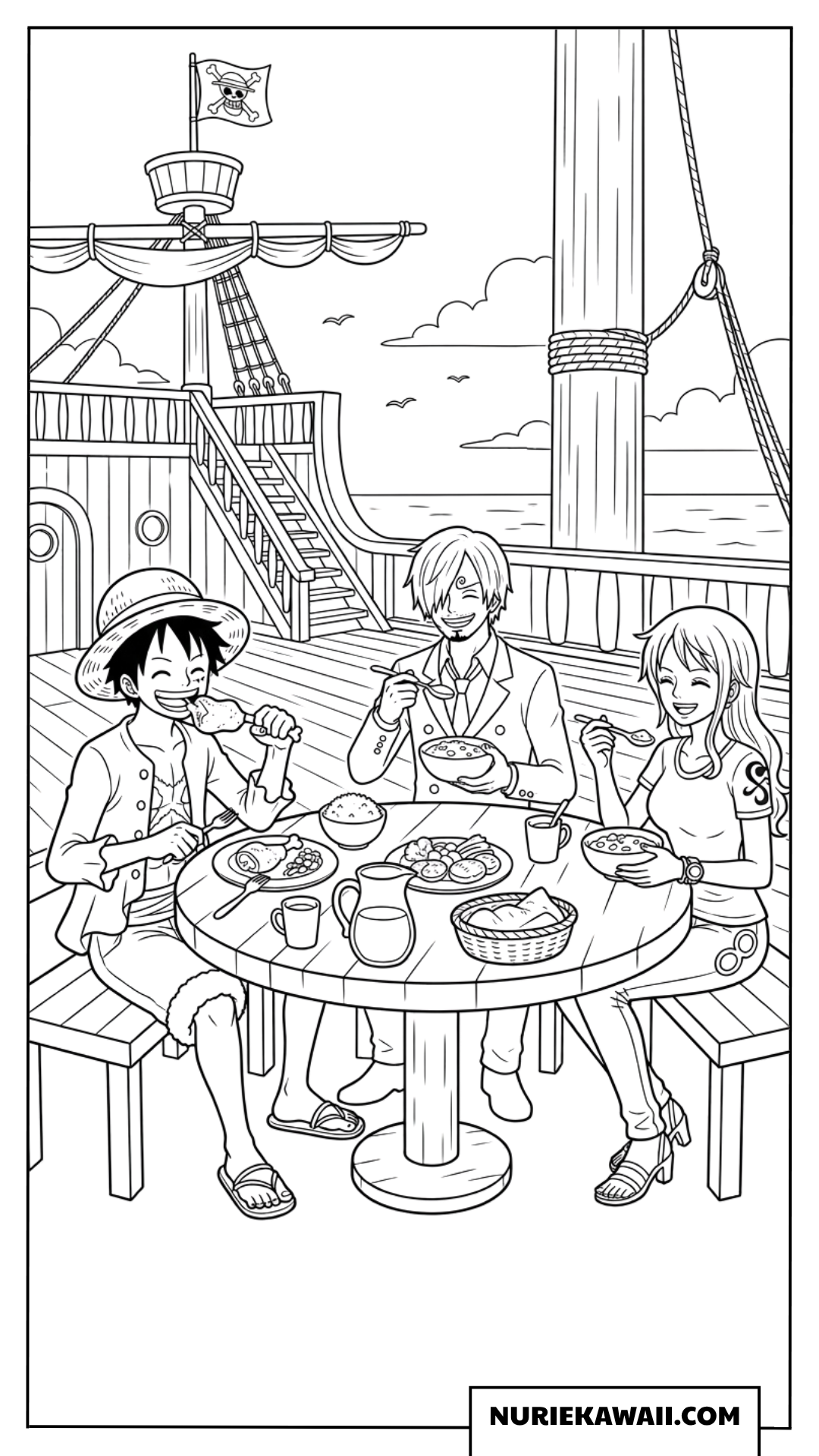 船のデッキで楽しそうに一緒に食事をするルフィとナミとサンジの塗り絵
