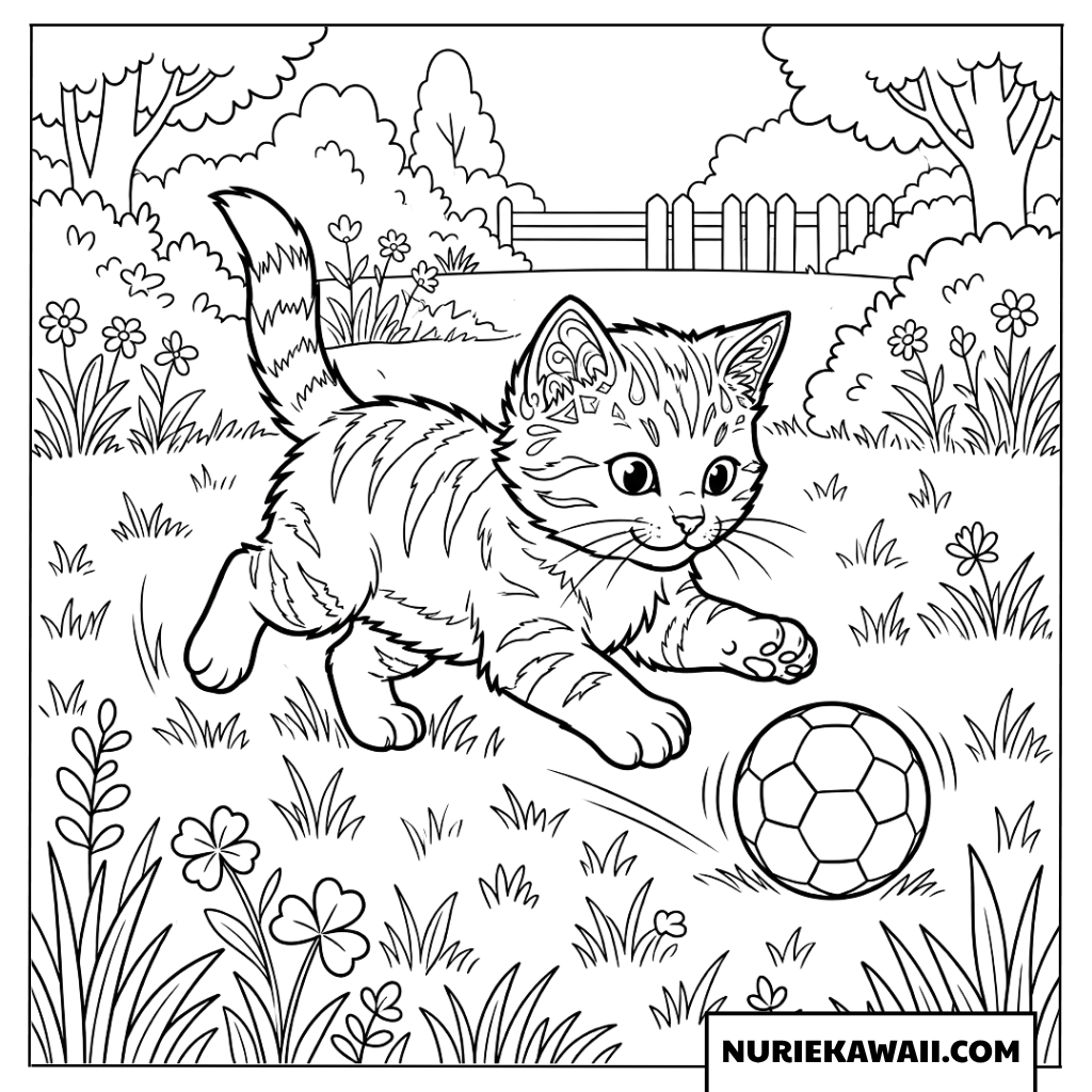 芝生でサッカーをする子猫の塗り絵