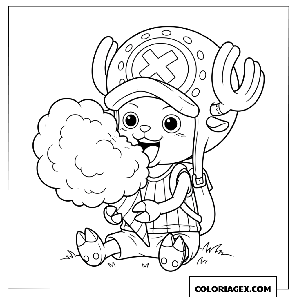 芝生に座って大好物の巨大な綿あめを幸せそうに食べるチョッパーの塗り絵
