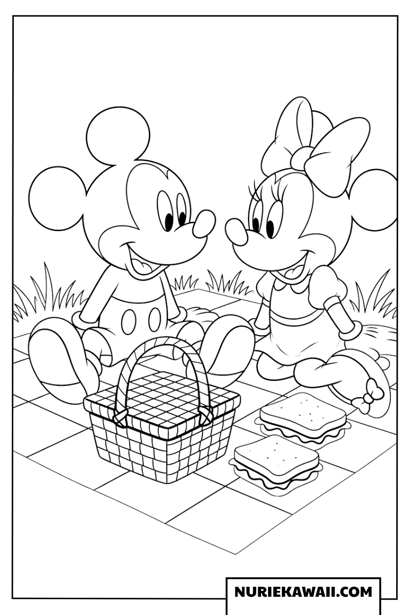 芝生の上でピクニックデートを楽しむミッキーとミニーの塗り絵