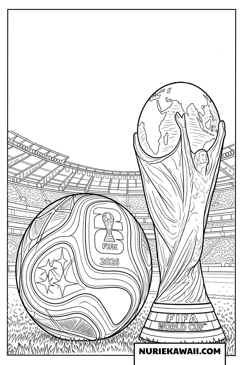 芝生の上に並ぶ公式試合球とゴールドに輝く優勝トロフィーの塗り絵