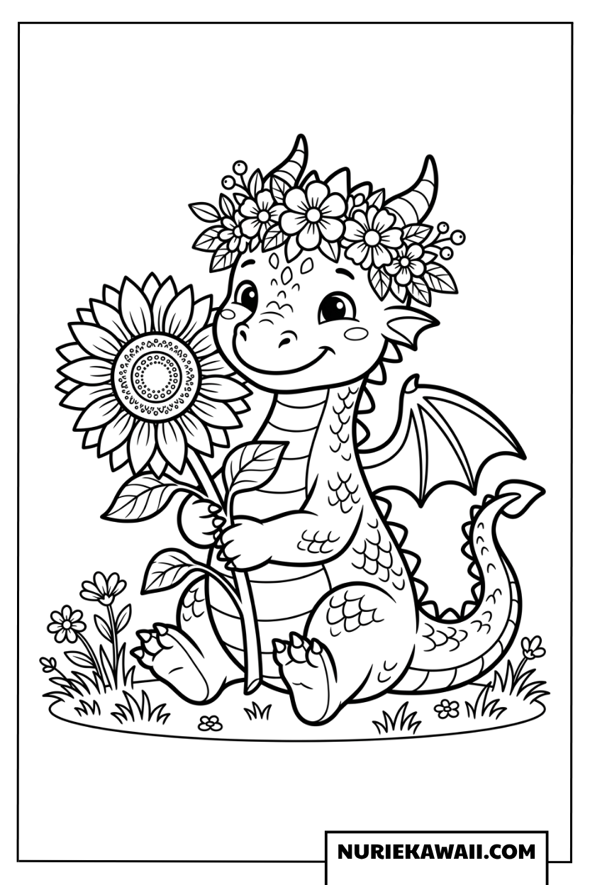 花冠をかぶり大きなひまわりを持つ可愛いドラゴンの塗り絵