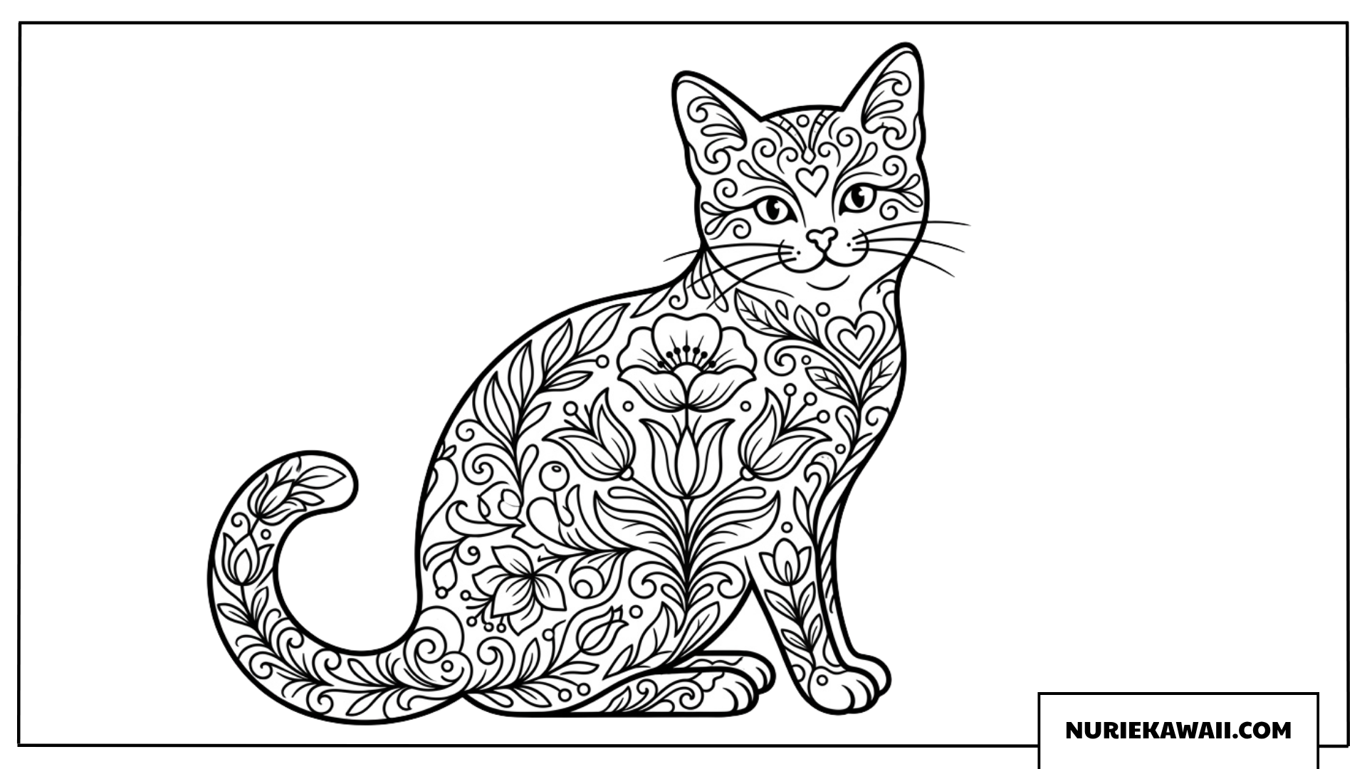 花柄模様に包まれた子猫の塗り絵