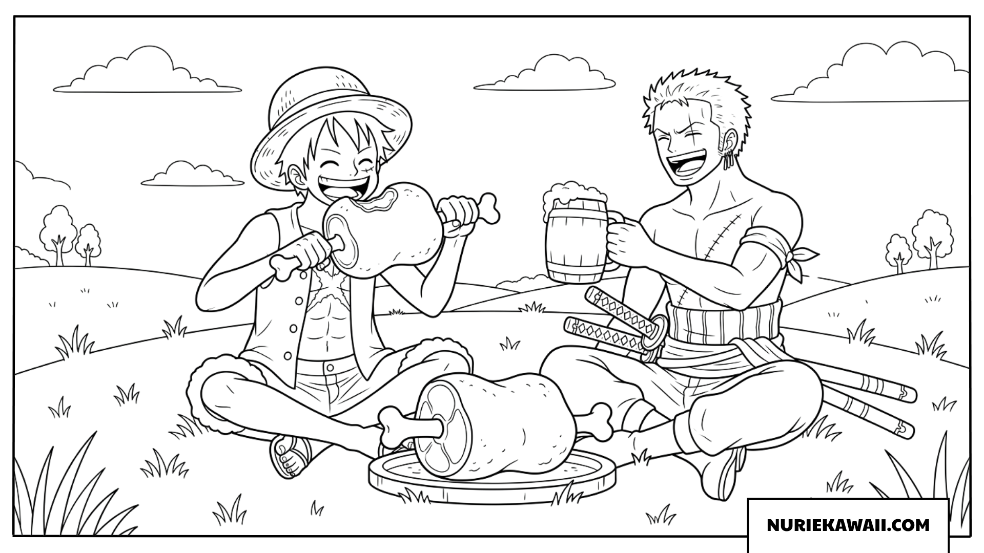 草原で楽しそうに肉を食べ酒を飲むルフィとゾロの塗り絵