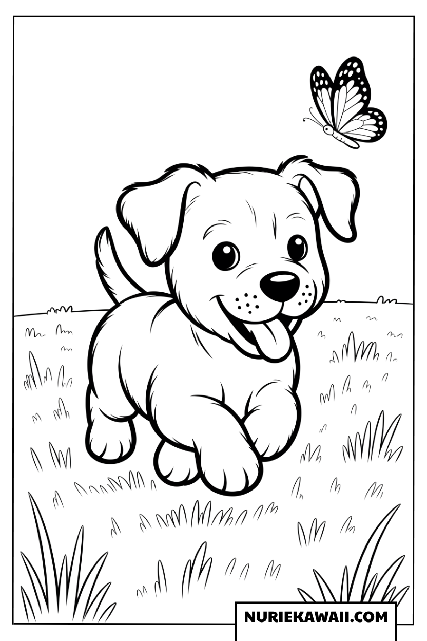 草原を走る可愛い子犬と蝶々の塗り絵