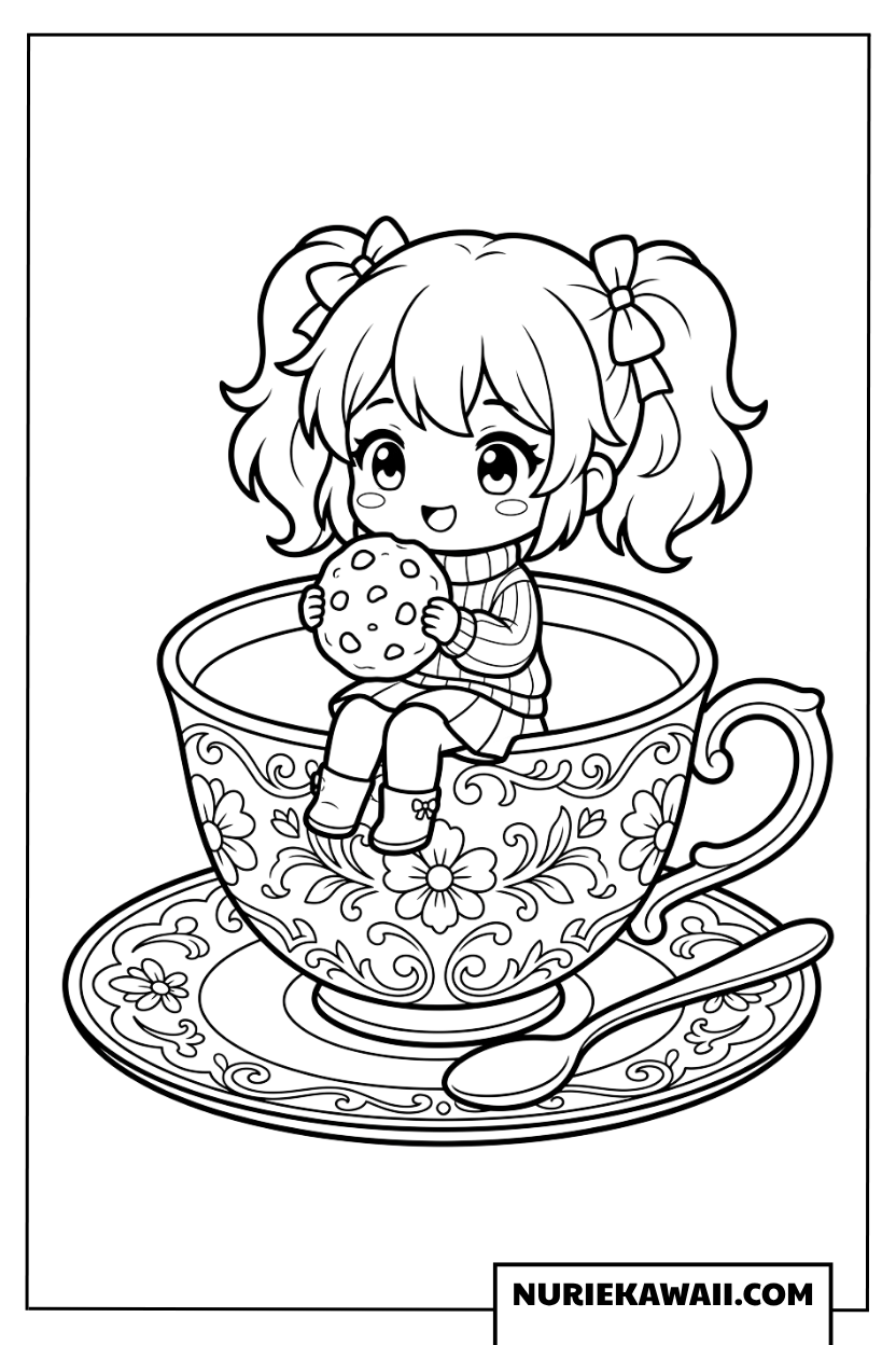 華やかなティーカップに入った可愛いちびキャラの女の子の塗り絵