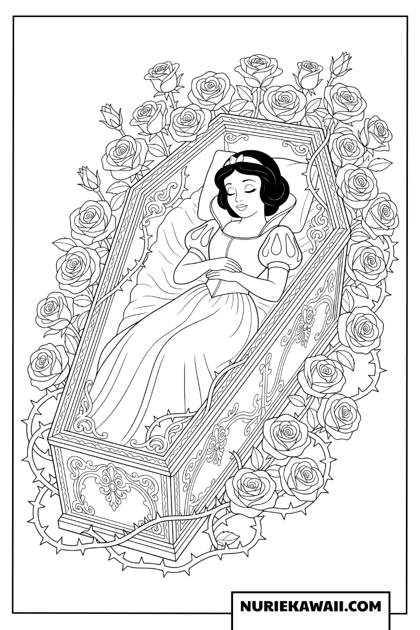 薔薇に囲まれて眠る白雪姫のクラシックな塗り絵