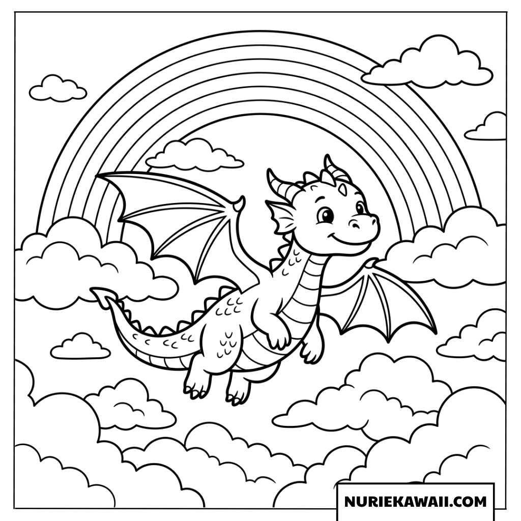 虹と雲の間を飛ぶ可愛いドラゴンの塗り絵