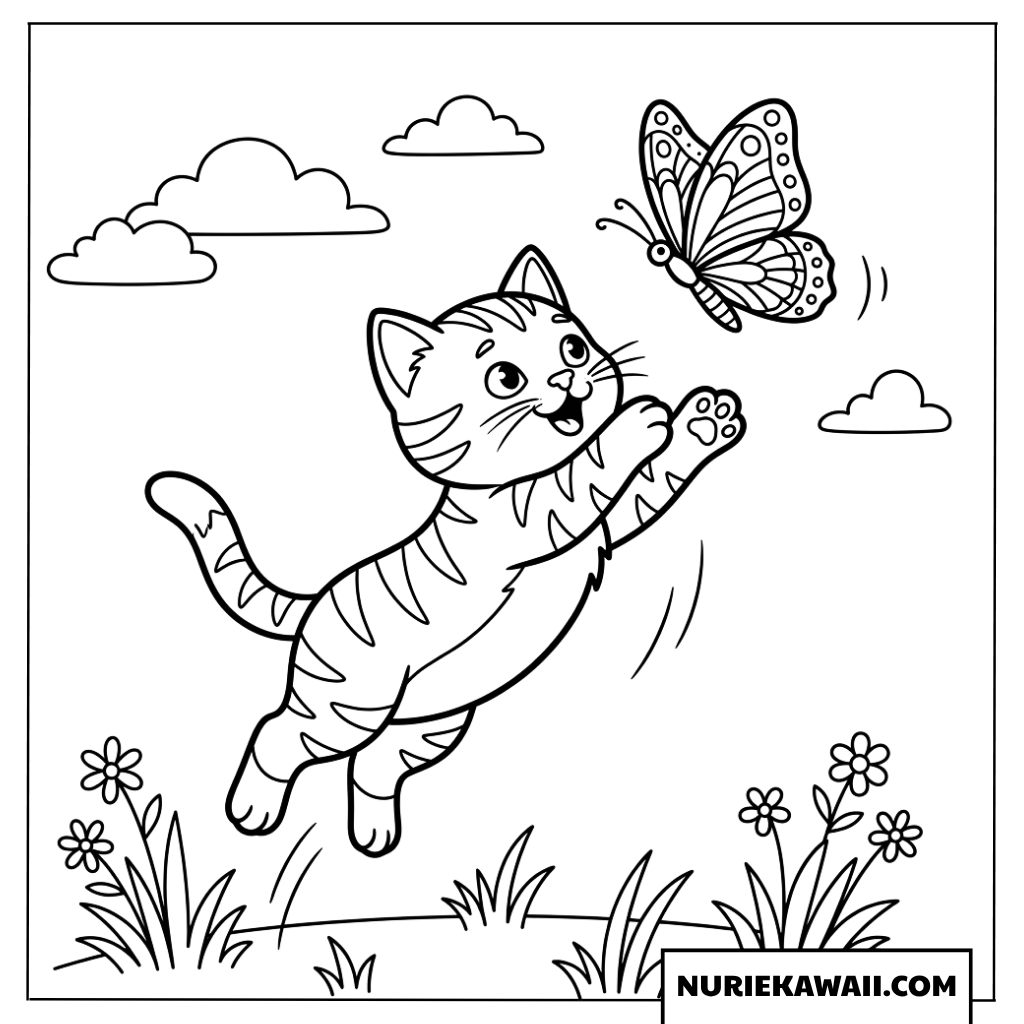 蝶々を追いかける子猫の塗り絵
