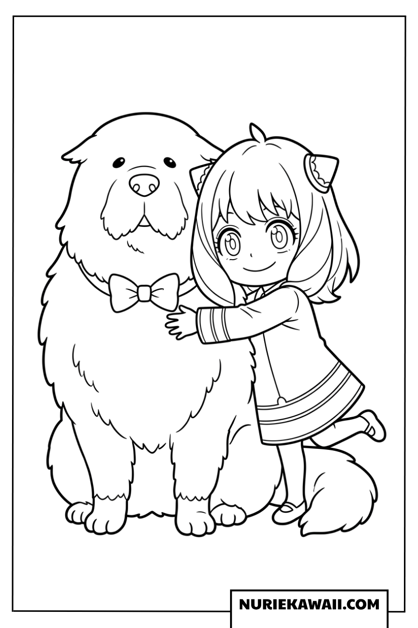 蝶ネクタイをつけたボンドを優しく抱きしめるちびキャラアーニャの塗り絵