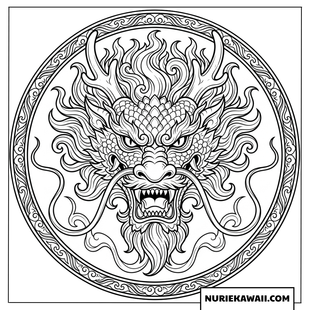 装飾的な円形フレームの中に描かれた威厳ある東洋の龍の顔の 塗り絵