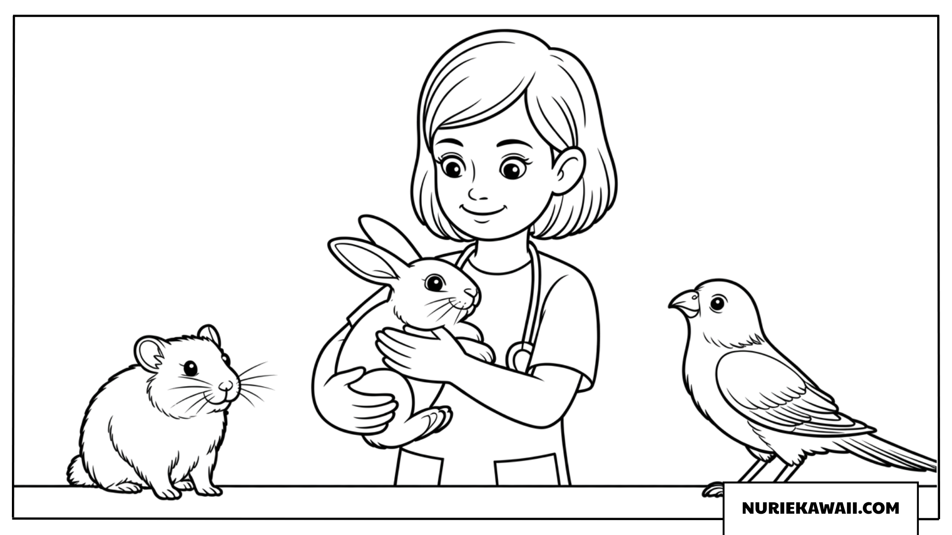 診察室で耳の長い可愛いウサギを抱きしめる獣医の女の子塗り絵