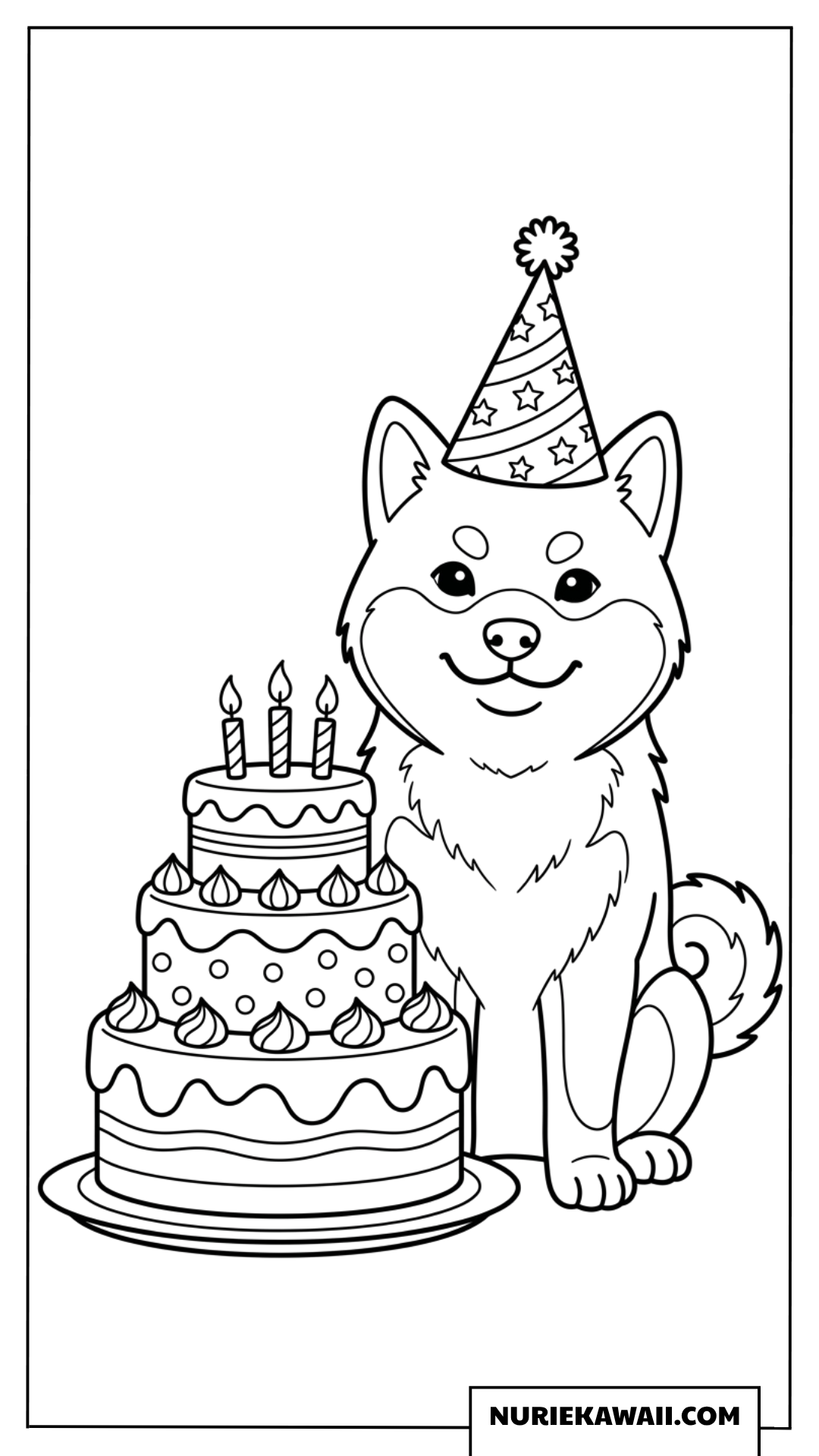 誕生日の帽子をかぶった可愛い柴犬と3段バースデーケーキの塗り絵