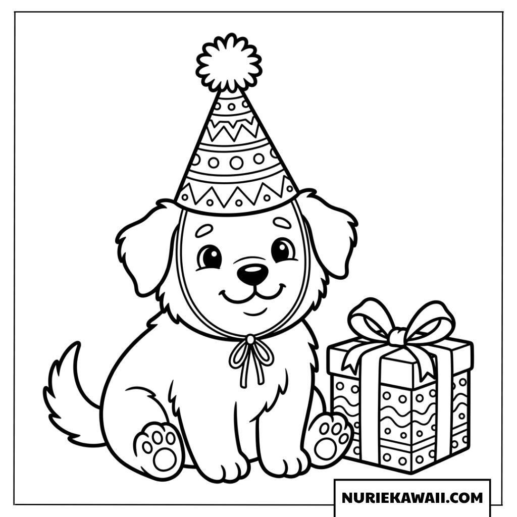 誕生日帽子をかぶった子犬とギフトの塗り絵