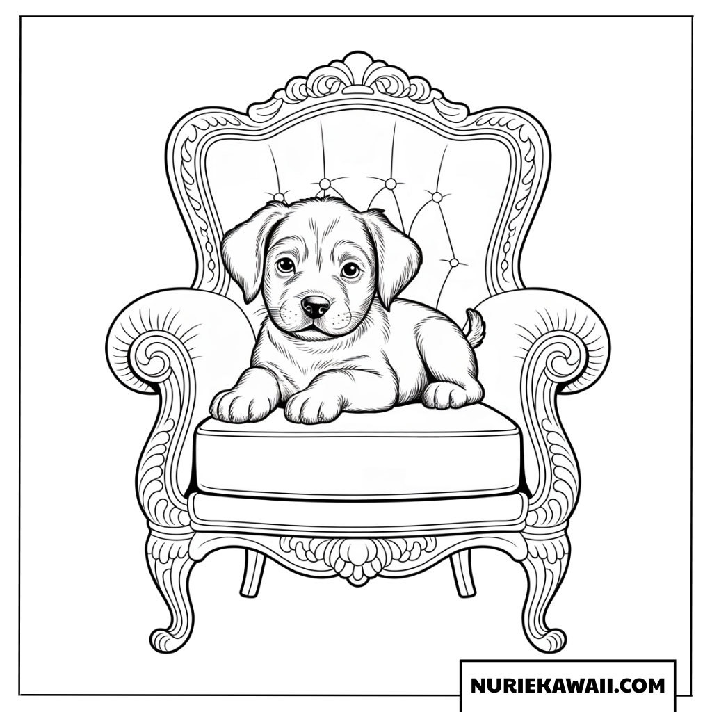 豪華なアンティークソファの上でくつろぐ可愛い子犬の塗り絵
