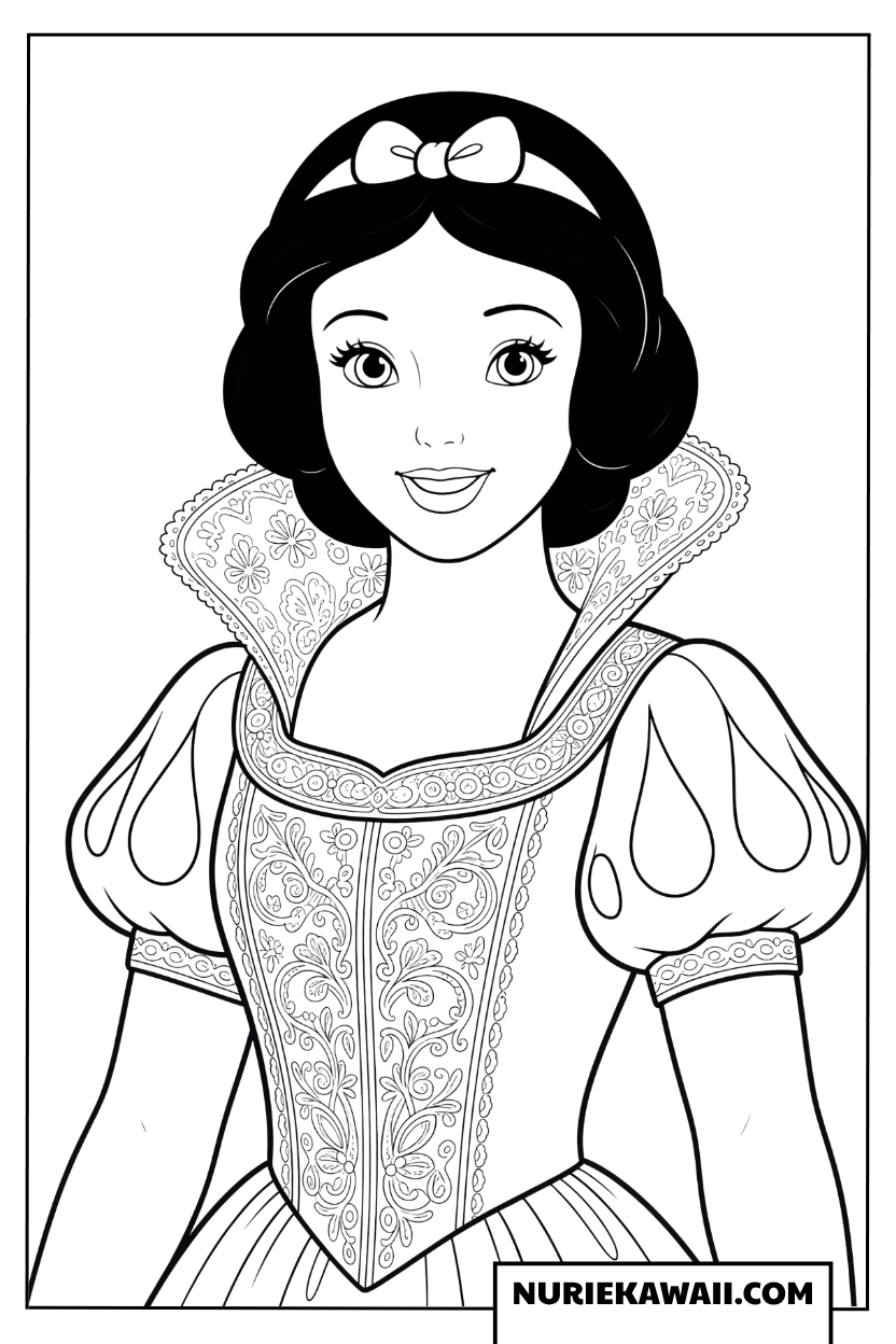 豪華なドレスを着た白雪姫のポートレート塗り絵