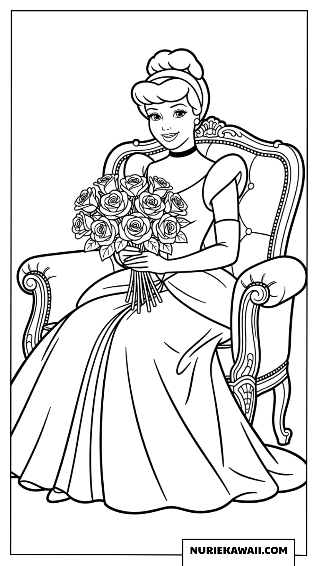 豪華な椅子に座り薔薇の花束を持つシンデレラの塗り絵
