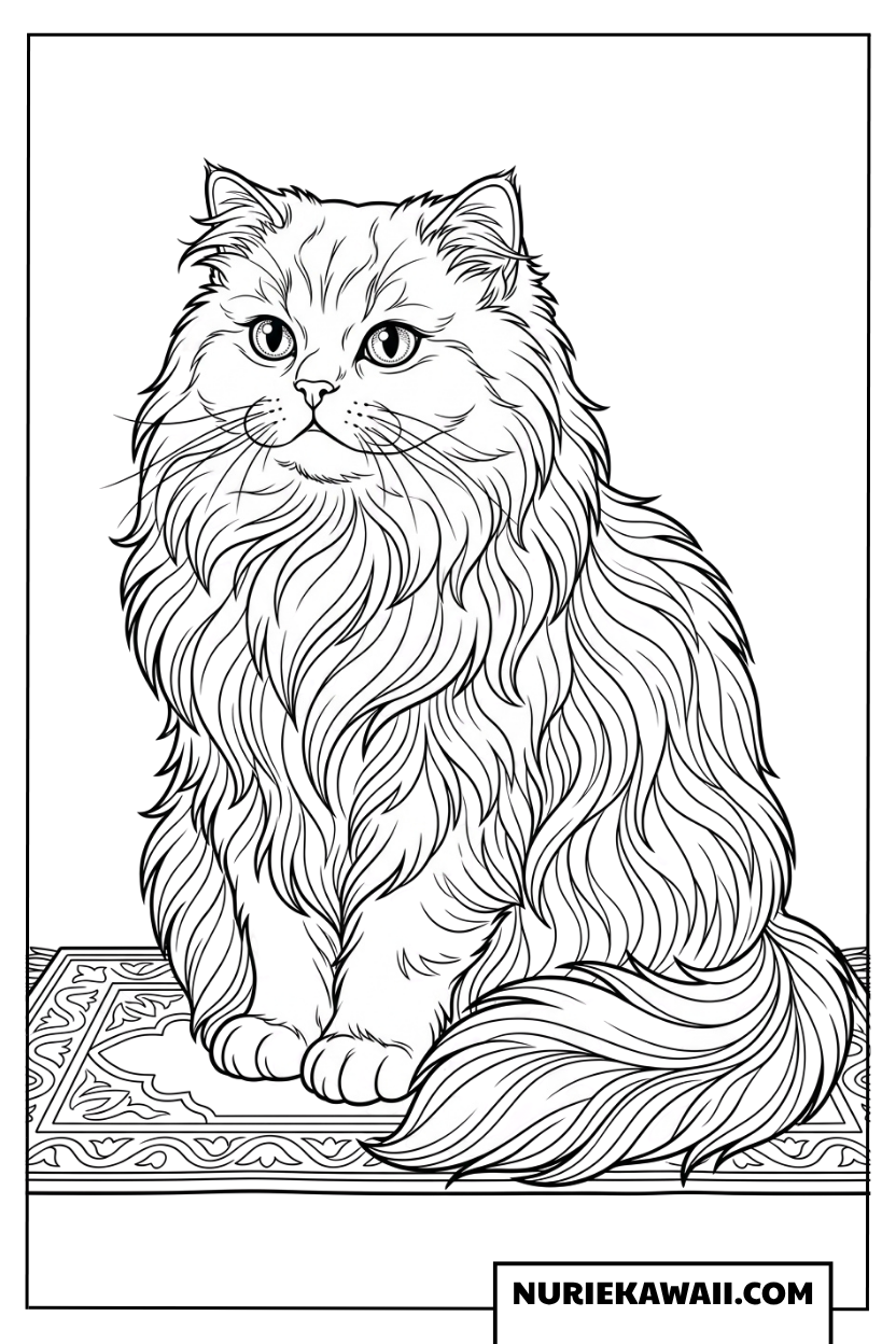 豪華な絨毯の上に佇む上品なペルシャ猫の本格的な塗り絵