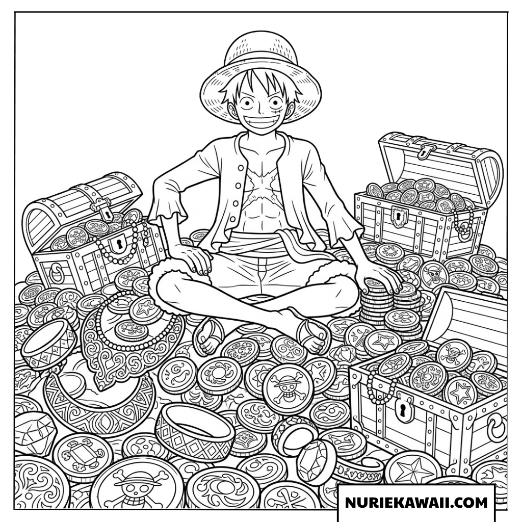 財宝が溢れる宝箱と無数の金貨の山の中に座って微笑むルフィの大人向け塗り絵