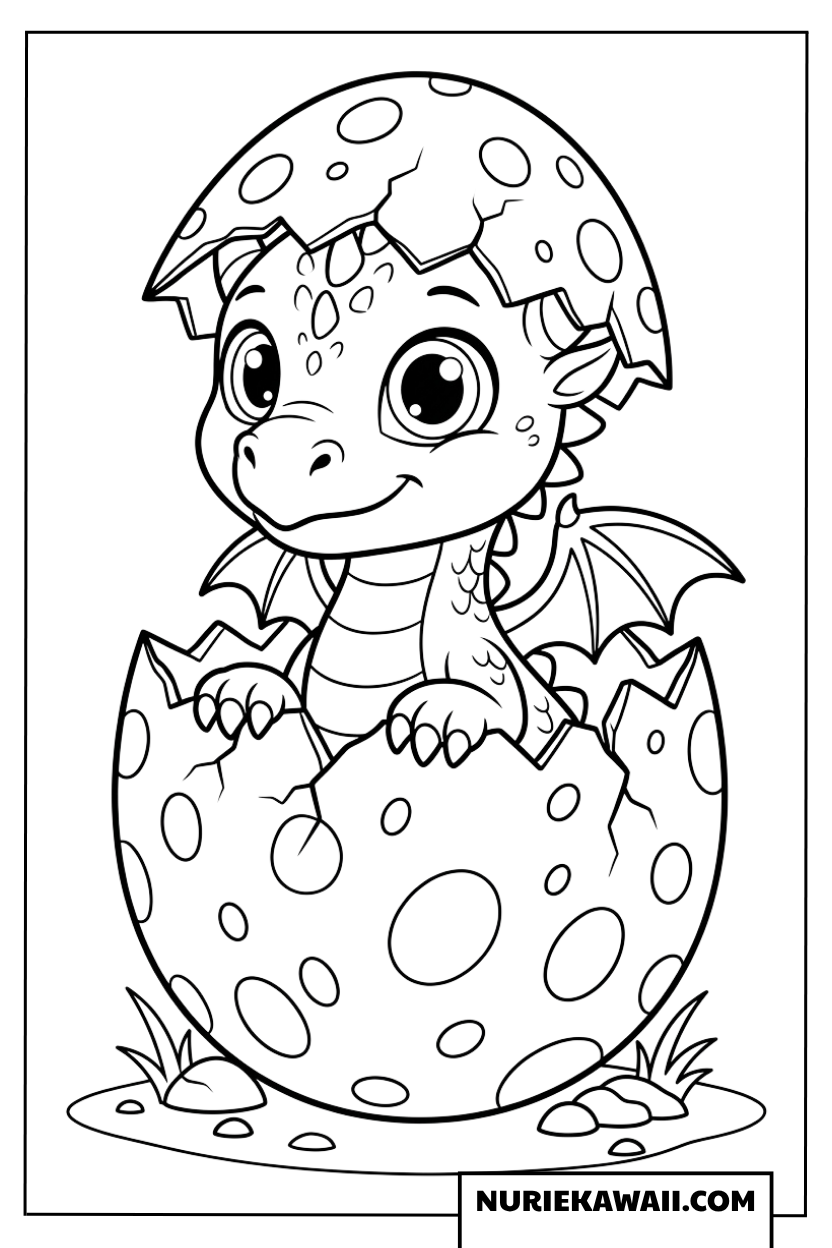 赤ちゃんドラゴンが卵の殻から生まれた、かわいらしい塗り絵ページ