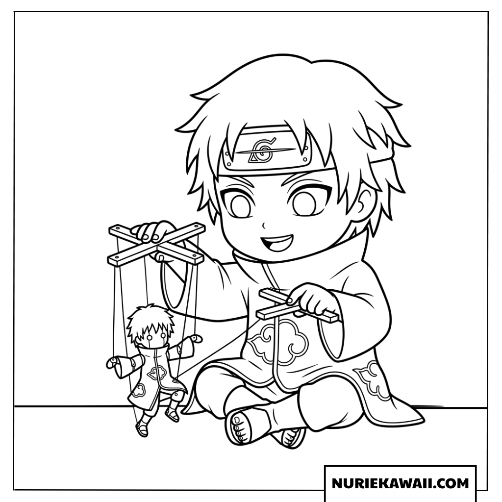 赤砂のサソリちびキャラが床に座って小さな人形を器用に操る可愛い塗り絵