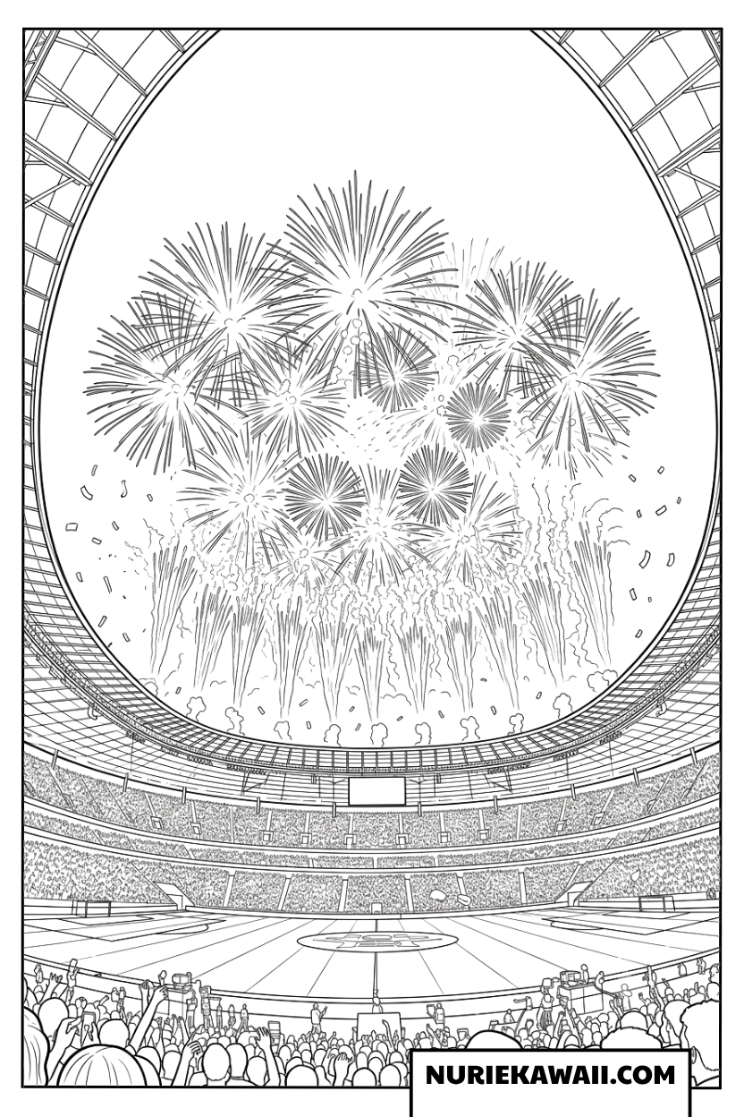 近未来的スタジアムの巨大なドーム屋根と夜空を彩る大花火の塗り絵