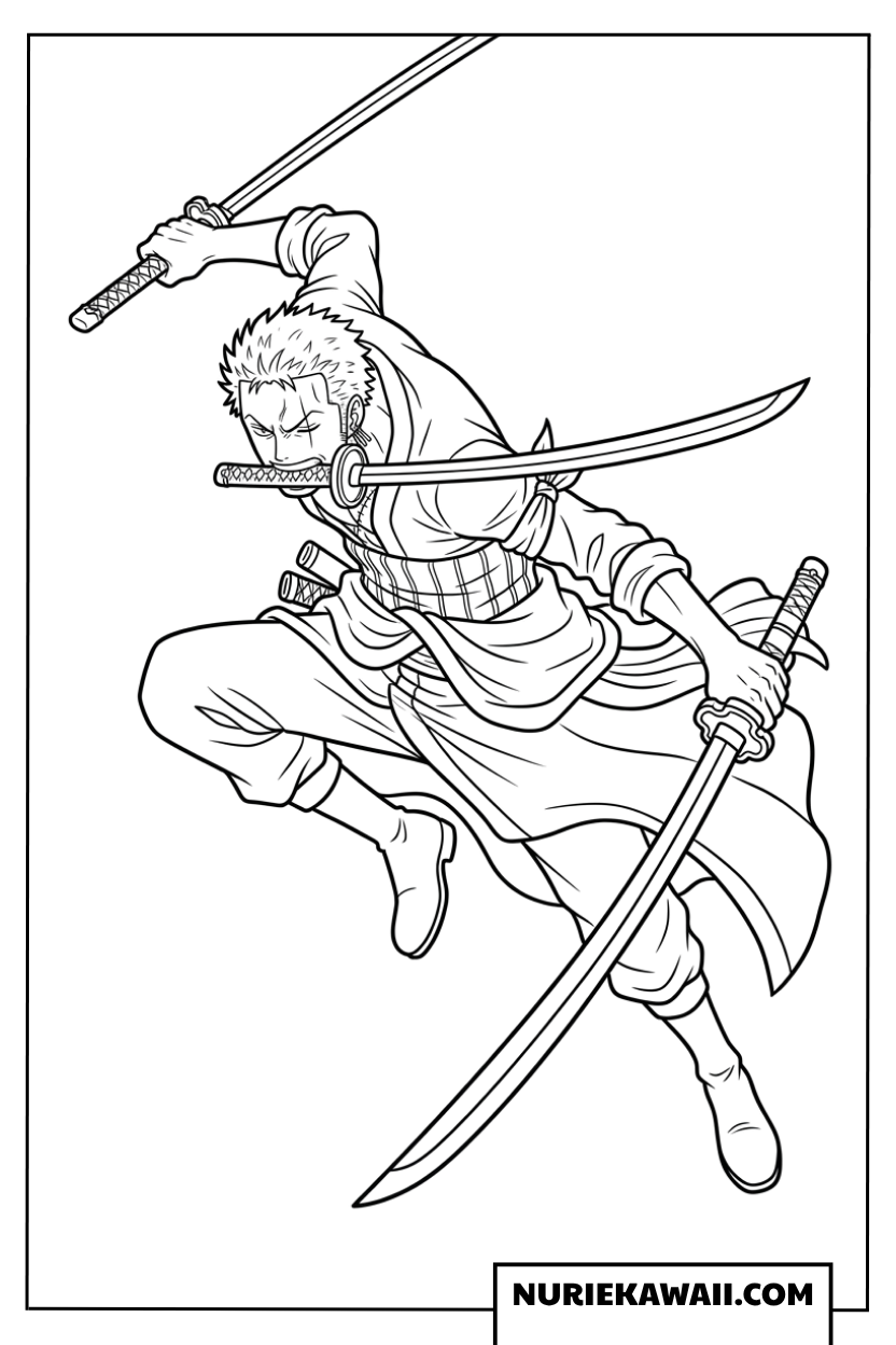 迫力満点に空中をジャンプするゾロの塗り絵