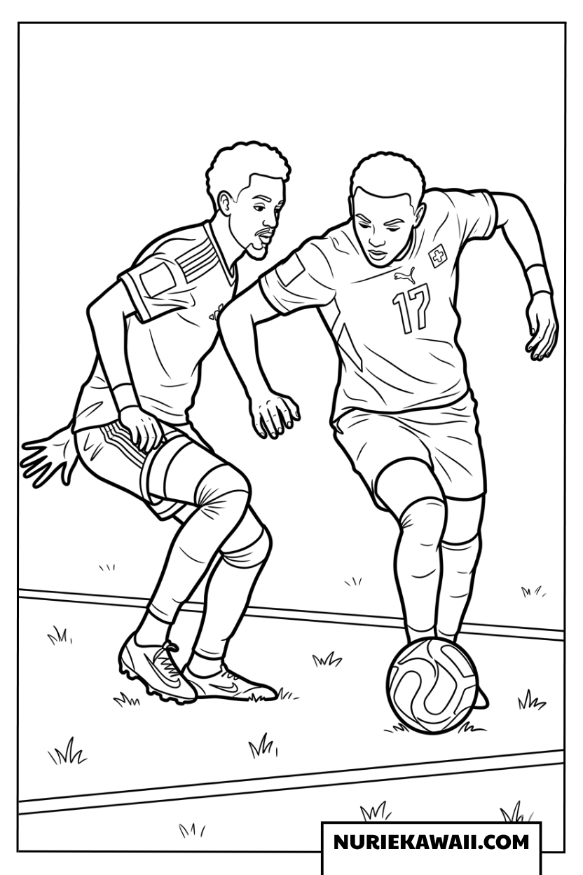 選手がフィールドでドリブルをする瞬間塗り絵