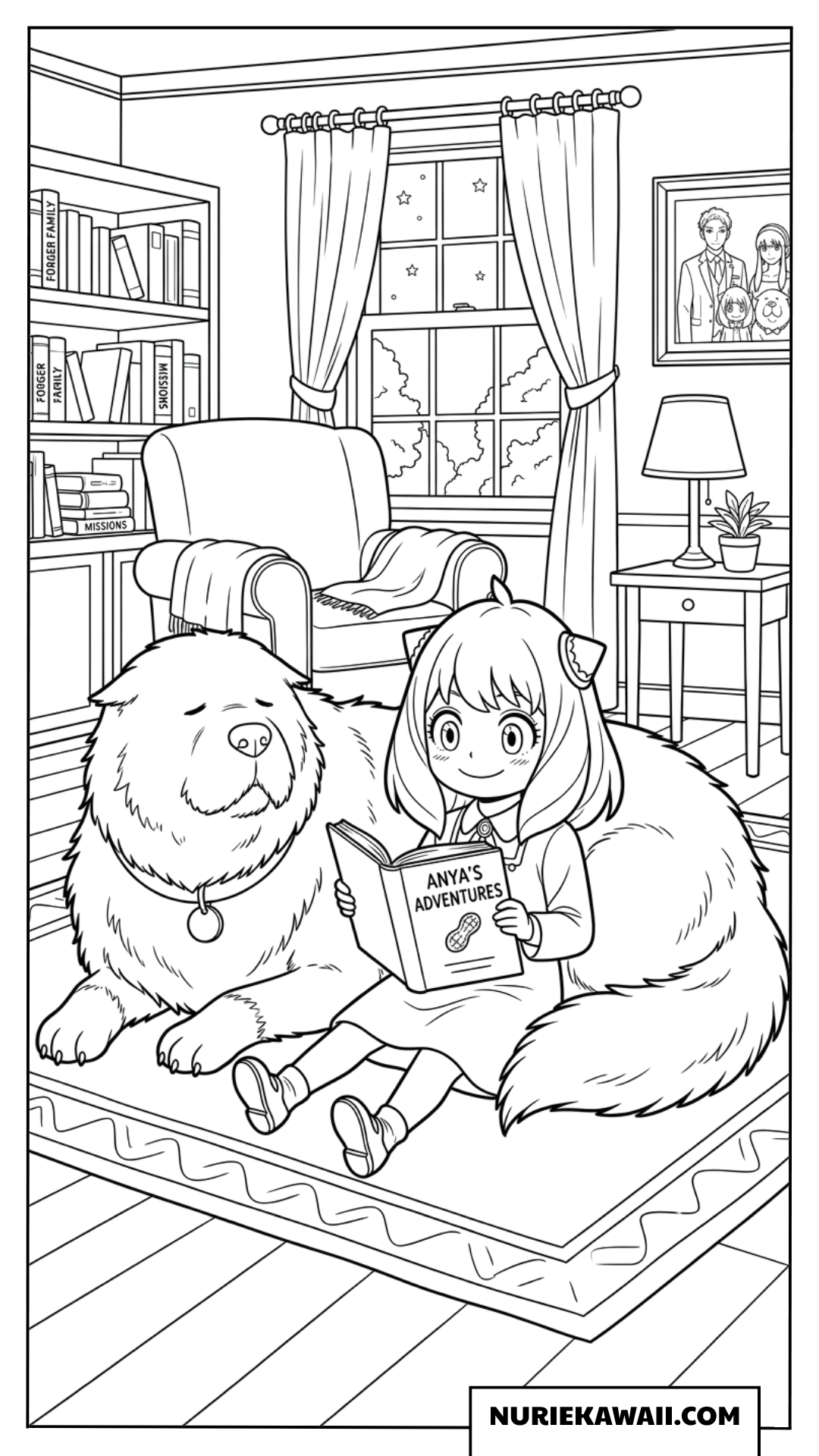 部屋でボンドと一緒に本を読むアーニャの塗り絵