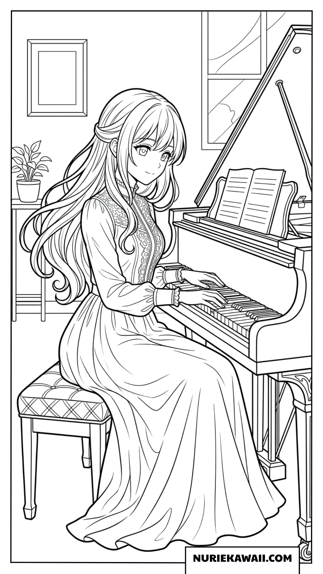 部屋の中でロングドレスを着てグランドピアノを演奏するアニメ女性の塗り絵