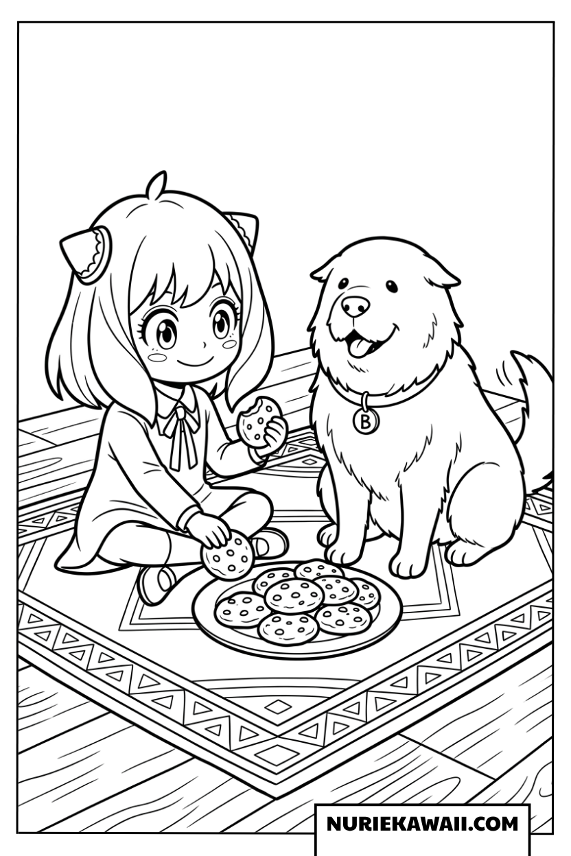部屋の絨毯の上でボンドと一緒にクッキーを食べるちびキャラアーニャの塗り絵