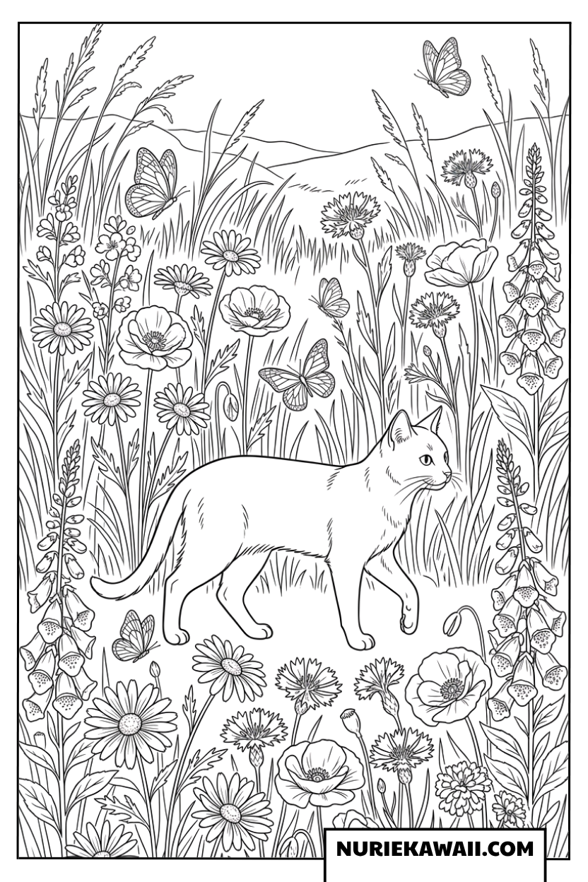野花と蝶の広がる草原を歩く猫の塗り絵