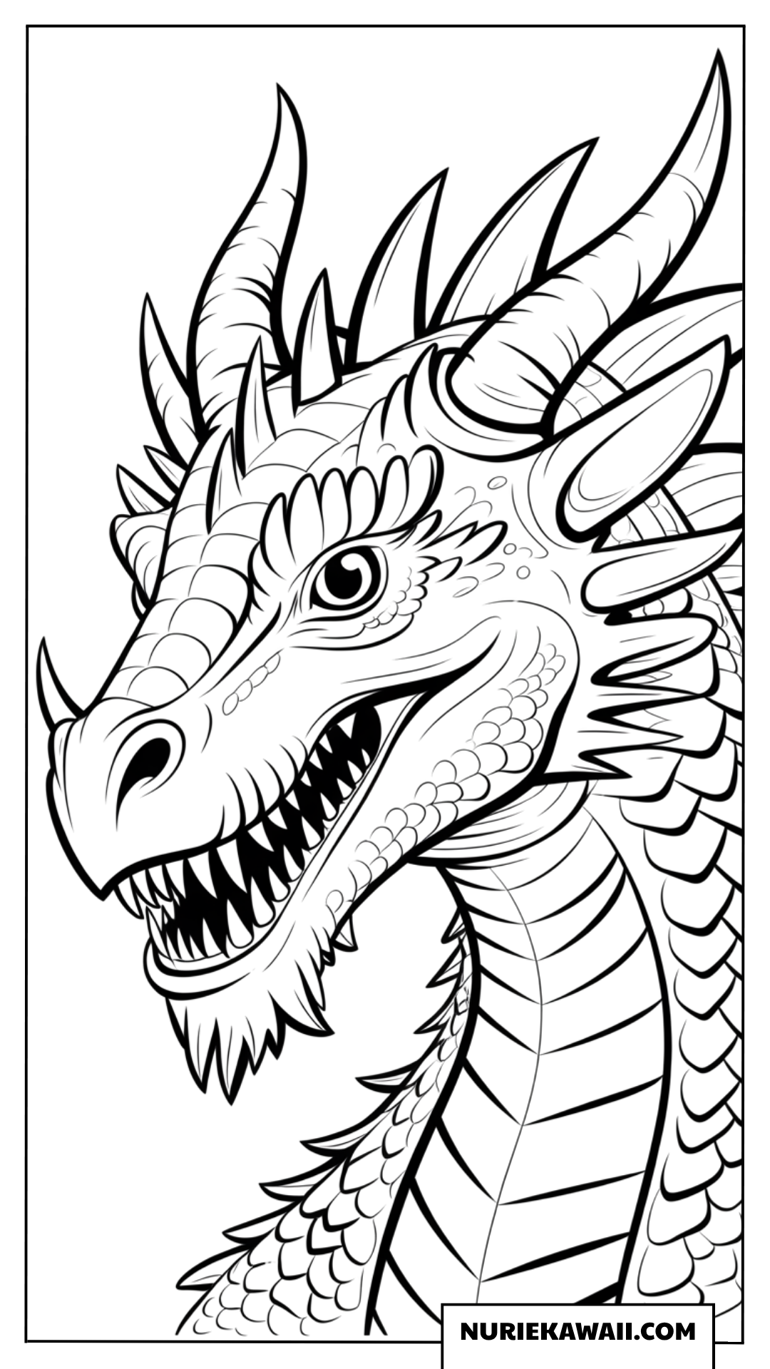 鋭い角と牙を持つ力強いドラゴンの頭部アップ 塗り絵