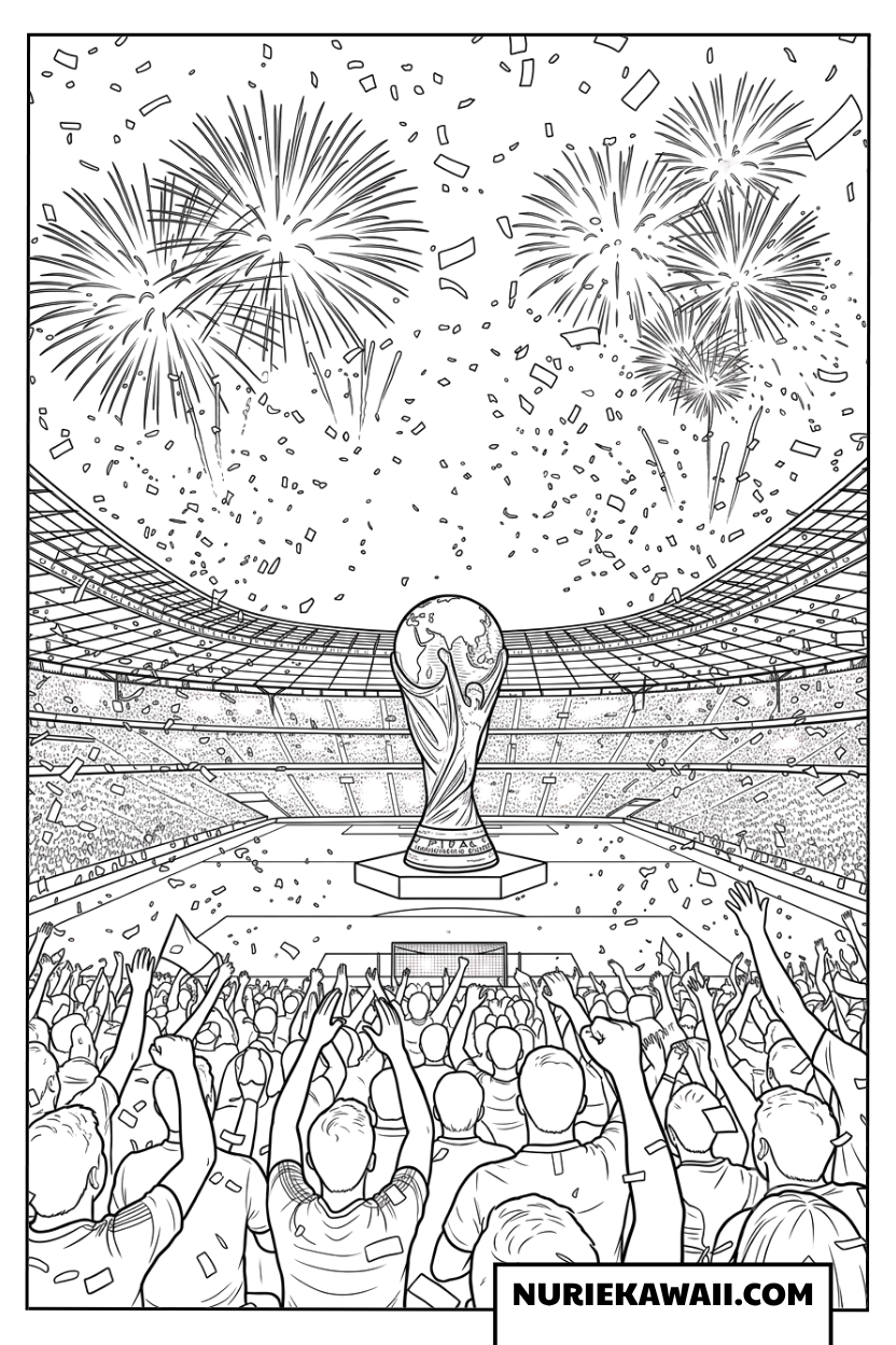 開会式スタジアムの大歓声と夜空に打ち上がる華やかな花火の塗り絵