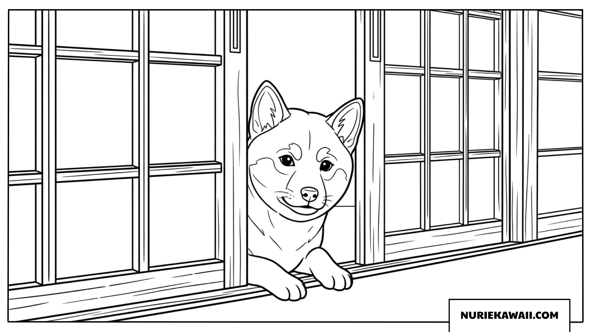 障子戸の隙間から顔を覗かせる可愛い柴犬の塗り絵