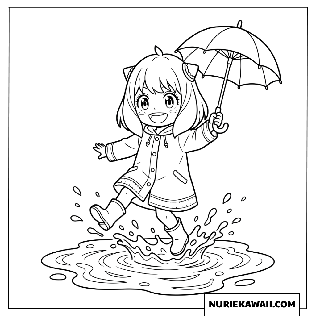 雨の日に水たまりをジャンプするレインコート姿のアーニャの塗り絵