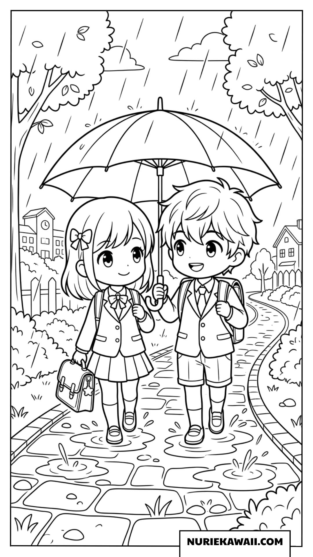 雨の日に相合い傘で登校するちびキャラ生徒の塗り絵