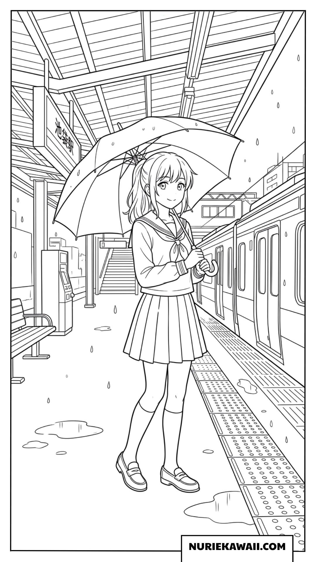 雨の日の駅のホームで傘をさして電車を待つアニメ女子生徒の塗り絵
