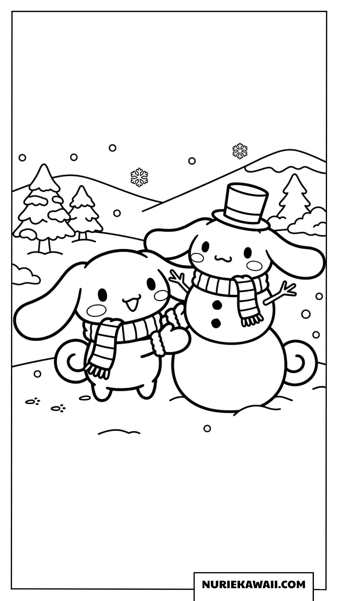雪だるまと一緒に遊ぶシナモロールの塗り絵