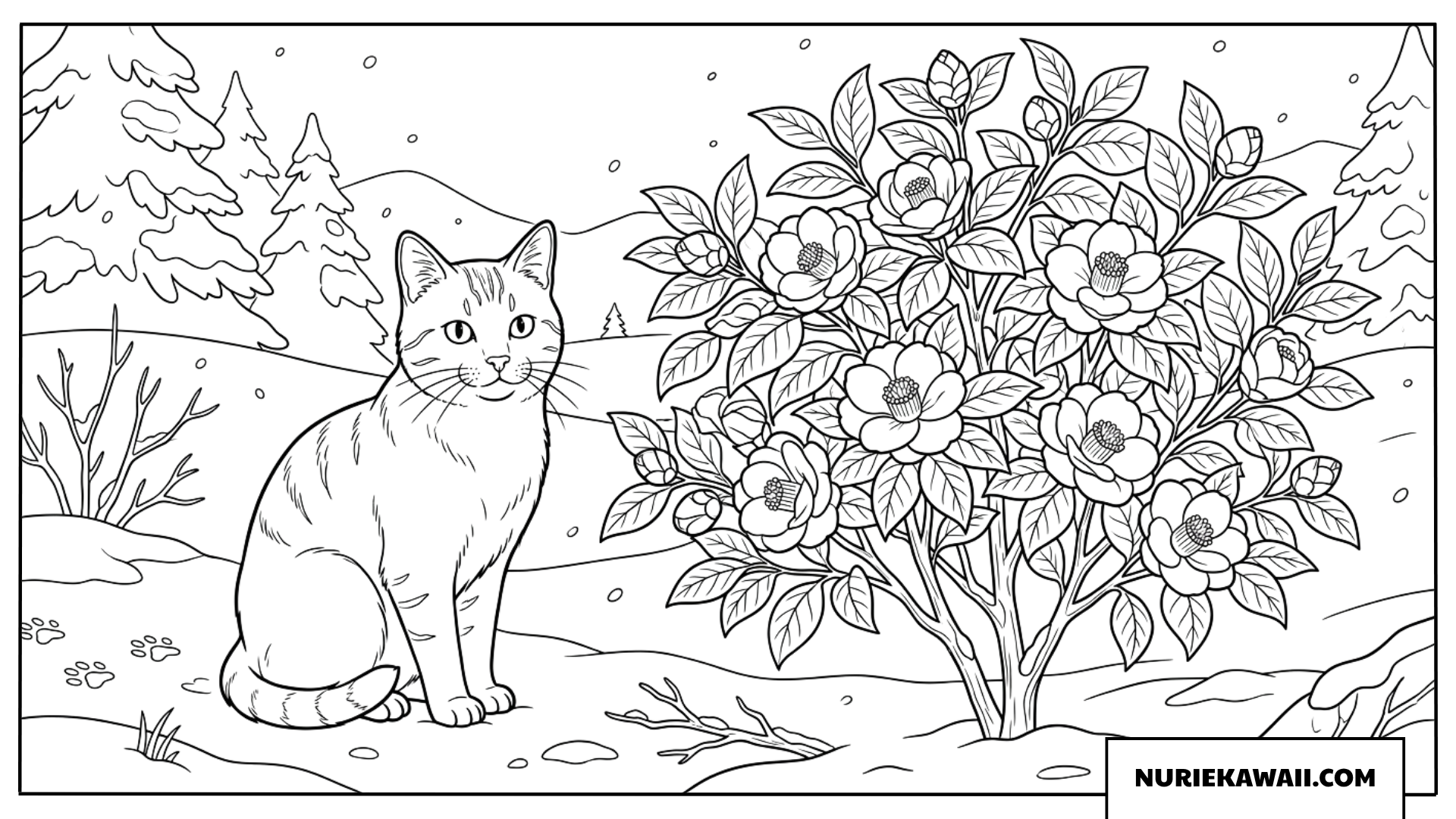 雪景色の中で寒椿の木と佇む猫の塗り絵